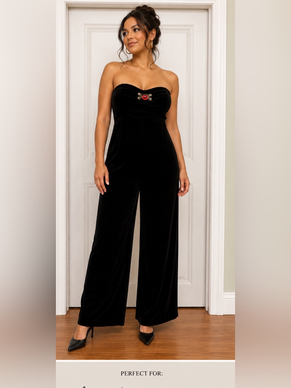 Newport News Black Strapless Velvet Wide-Leg Jumpsuit with Brooch